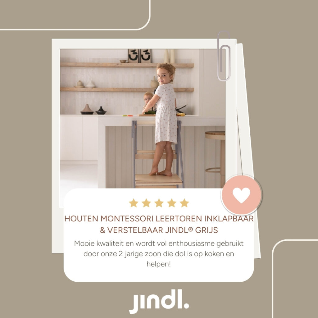 Review - Houten montessori leertoren inklapbaar & verstelbaar Jindl® grijs