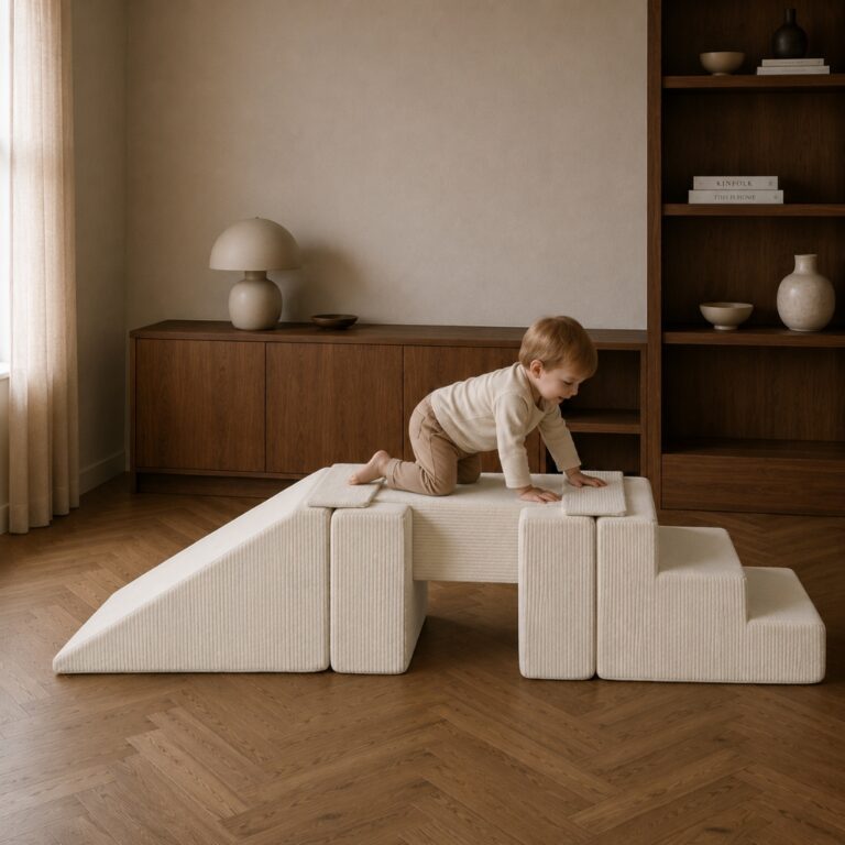Krabbeln auf dem Jindl Schaumstoff-Spielset mit Treppe, Rutsche und Spielbrücke mit beigem Cordbezug