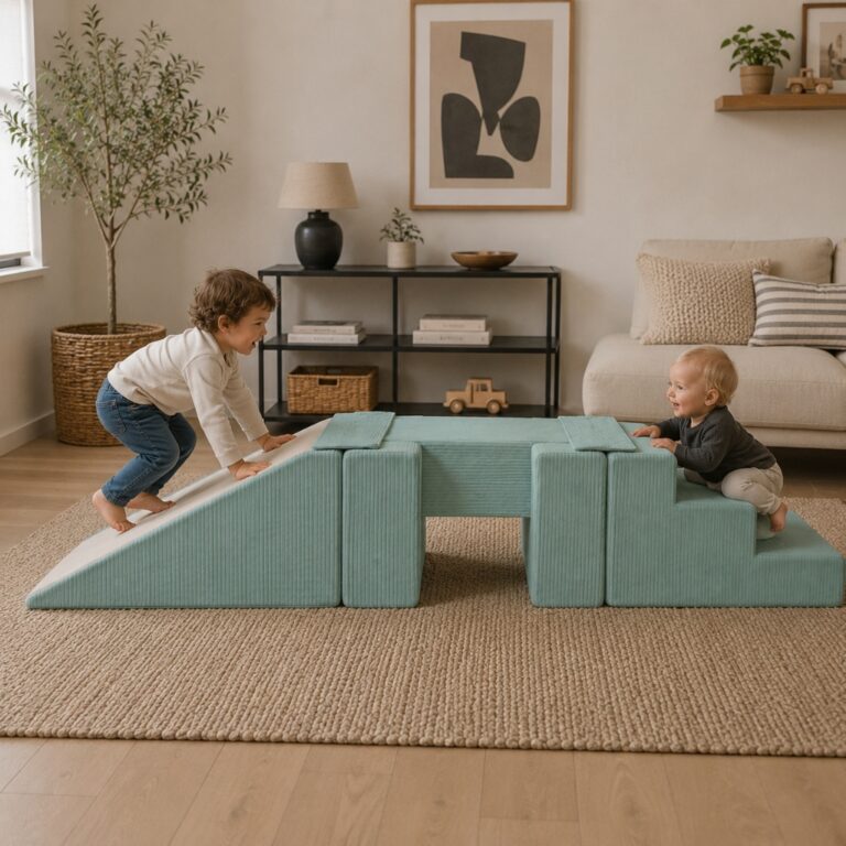 Schaumstoff-Spielset von Jindl mit Treppe, Rutsche und Spielbrücke mit türkisem Cordbezug