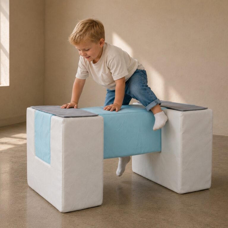 Spielset Laufsteg Jindl blau-weiß mit kletterndem Jungen