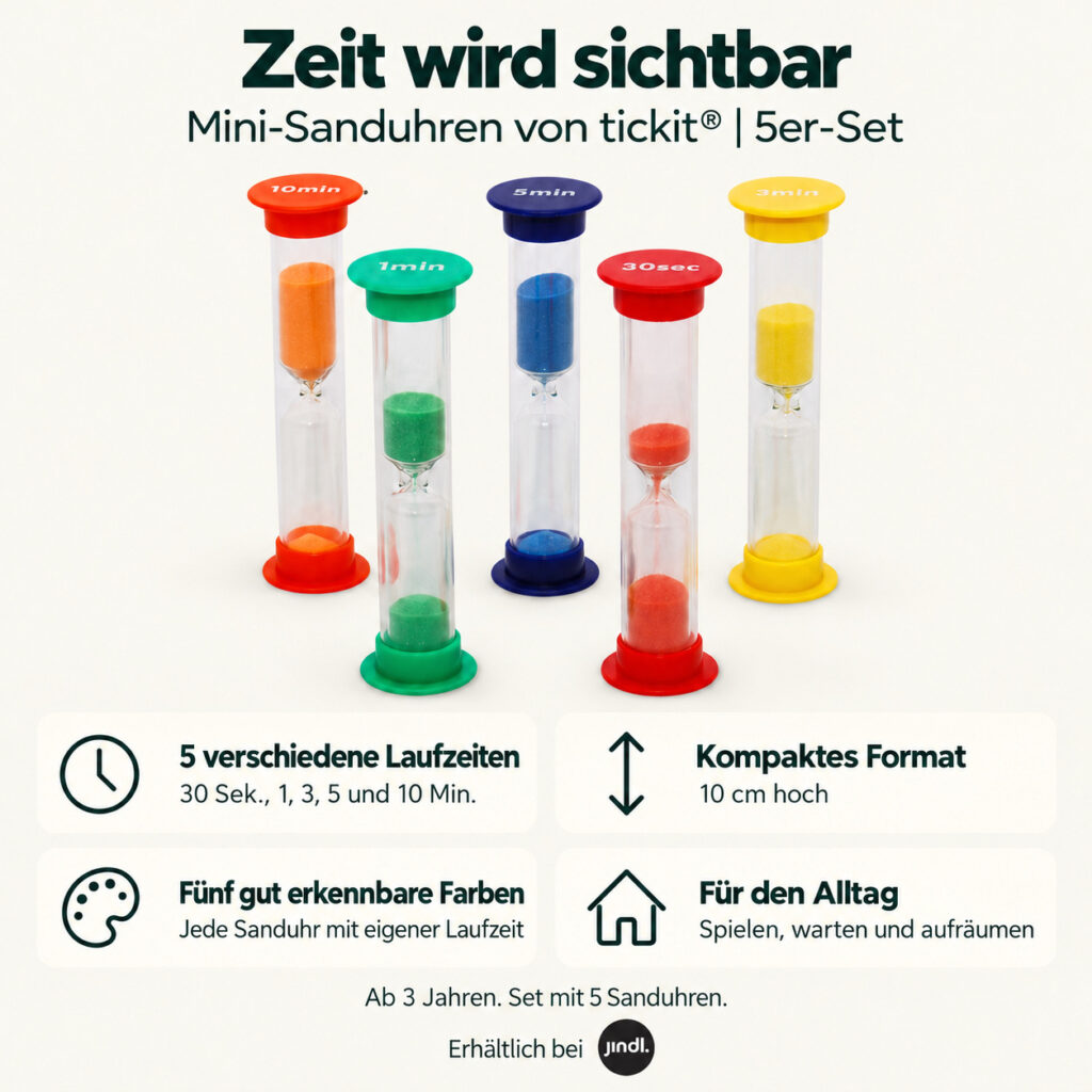 Mini-Sanduhren Tickit | 5er-Set | Vorteile und Produktmerkmale auf Deutsch